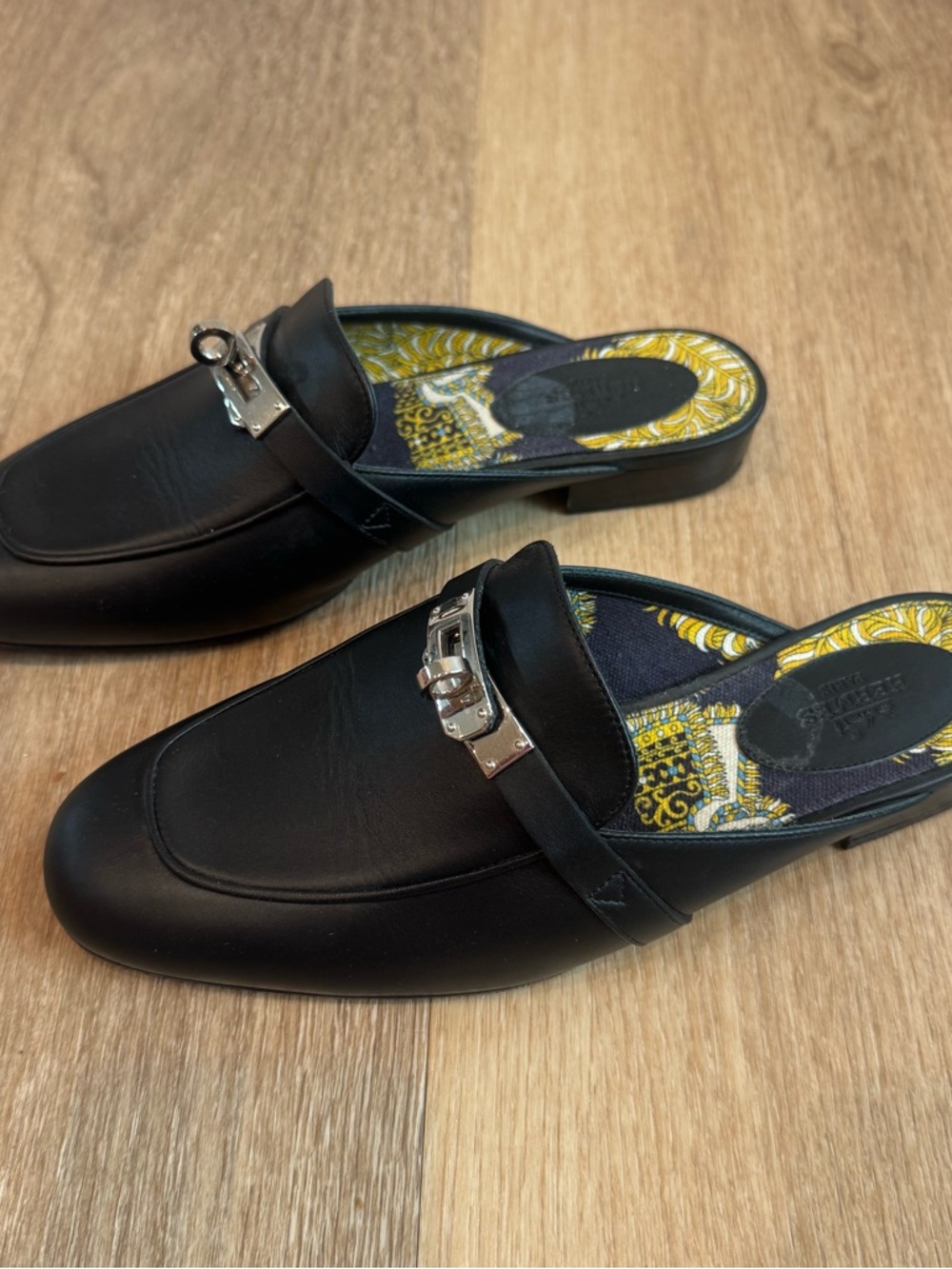 Hermes Black Leather Mule Clogs with Silver Hardware